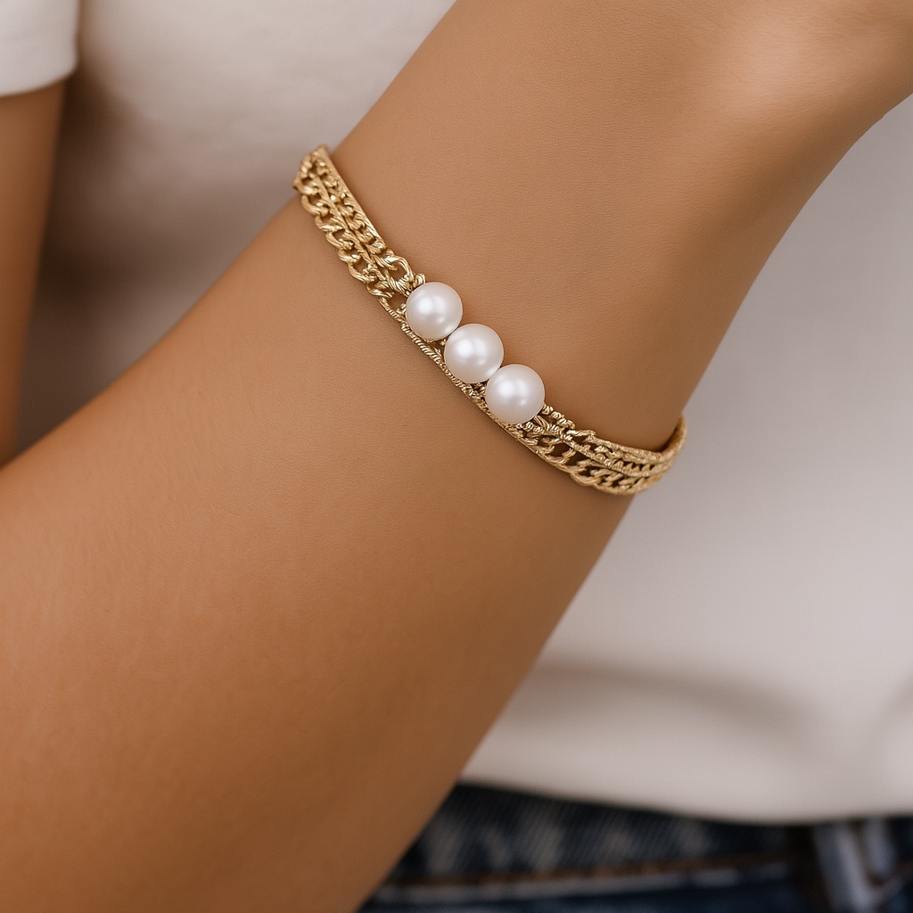 Gold-Tone Multi Chain Pearl Accent Bracelet Layered Luxe Elegance 29$